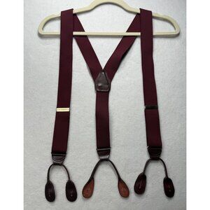 CAS Germany Men's Elastic Suspenders Maroon Red Solid Leather Button Loop Tips